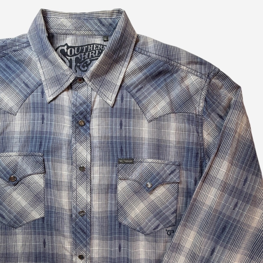 Southern Thread Mens XL Western Snap Shirt Blue Plaid Long Sleeve Pearl Snap